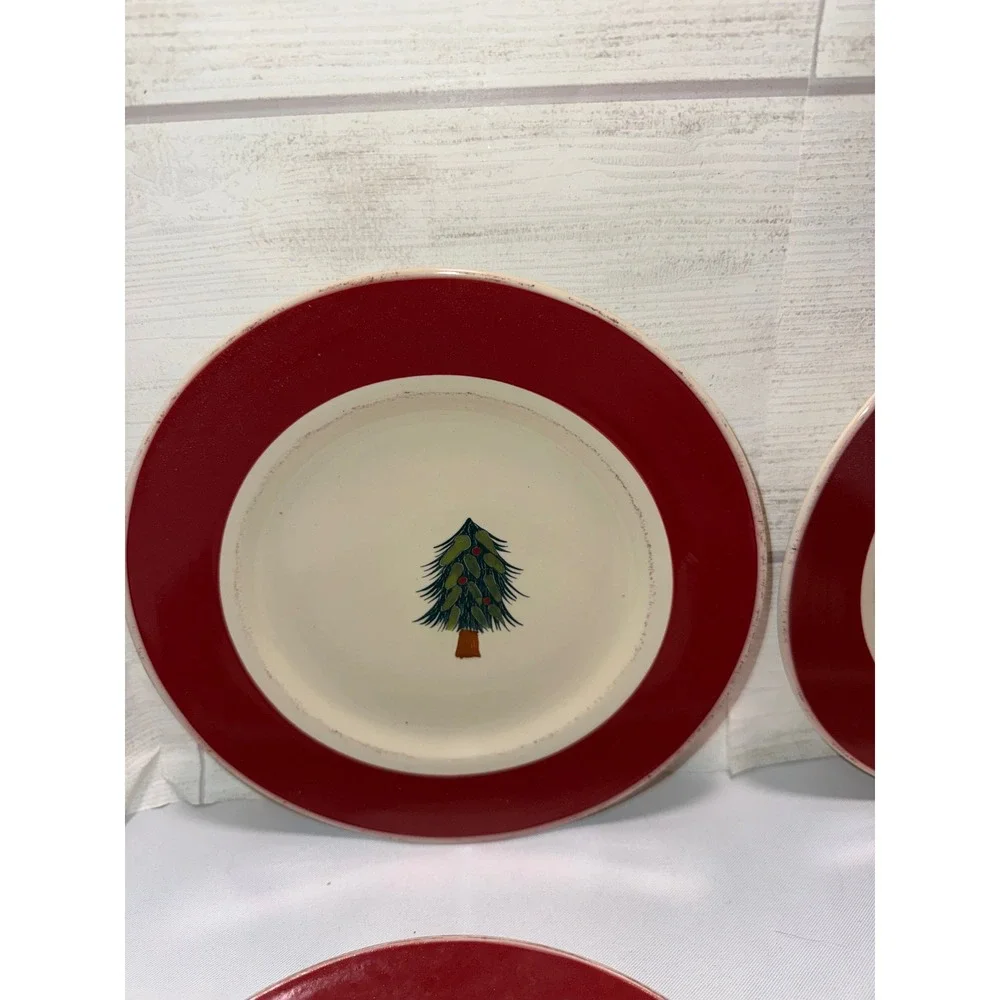 Pier 1 Rustic Tree Christmas Salad Plates Set 4 Red Rim Hand‎ Painted Stoneware
